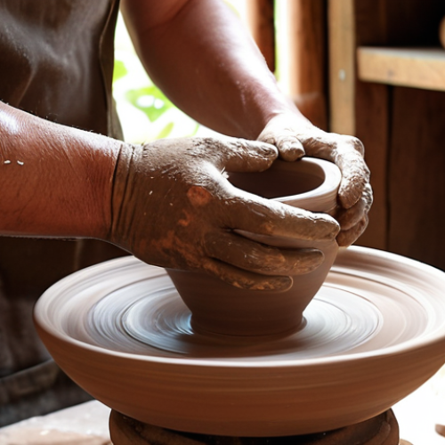 Home 24 **Prompt 1: Skill & Foundation**
"A close-up shot of a pottery artisan's hands, covered in clay, meticulously shaping a ceramic piece on a traditional pottery wheel in a sun-drenched, rustic workshop. In the background, shelves are filled with various stages of pottery, from raw clay forms to beautifully glazed finished products, symbolizing the blend of traditional techniques and continuous learning. The atmosphere is focused and dedicated, with soft, natural lighting emphasizing texture and detail."