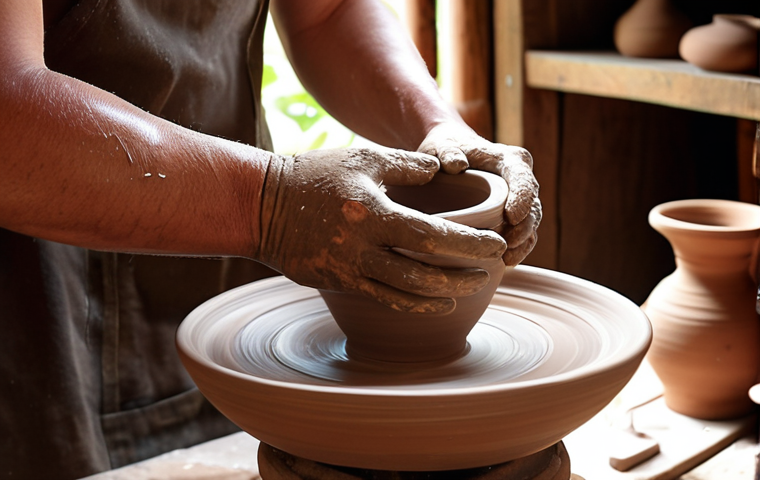 **Prompt 1: Skill & Foundation**
"A close-up shot of a pottery artisan's hands, covered in clay, meticulously shaping a ceramic piece on a traditional pottery wheel in a sun-drenched, rustic workshop. In the background, shelves are filled with various stages of pottery, from raw clay forms to beautifully glazed finished products, symbolizing the blend of traditional techniques and continuous learning. The atmosphere is focused and dedicated, with soft, natural lighting emphasizing texture and detail."