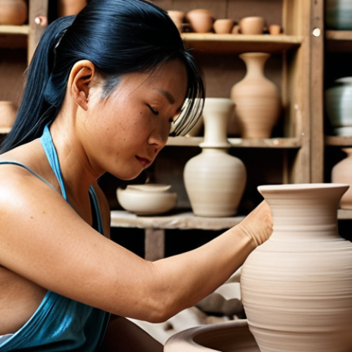 Home 23 **
> A skilled Vietnamese artisan meticulously shaping clay on a spinning pottery wheel in a traditional workshop. Soft, natural light illuminates the scene, highlighting the artisan's focused expression and the delicate curves forming on the emerging vase. The background features shelves filled with finished and semi-finished pottery pieces.
**