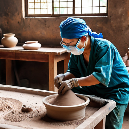 Home 22 **
"A Vietnamese ceramic workshop. Focus on dust control: local exhaust ventilation system actively removing clay dust during pottery grinding. Worker wearing a face mask and safety glasses. Bright, airy workshop."
**