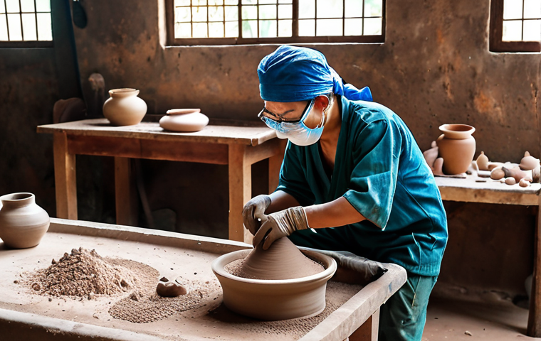**
"A Vietnamese ceramic workshop. Focus on dust control: local exhaust ventilation system actively removing clay dust during pottery grinding. Worker wearing a face mask and safety glasses. Bright, airy workshop."
**