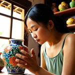 **

> A skilled Vietnamese artisan meticulously hand-painting a delicate ceramic vase in a traditional workshop setting. Sunlight streams through a window, illuminating the vibrant colors and intricate details of the artwork. In the background, shelves display various finished ceramic pieces. Focus on the artisan's focused expression and the beauty of Vietnamese craftsmanship.

**