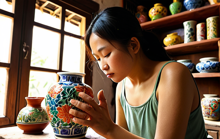 **
> A skilled Vietnamese artisan meticulously hand-painting a delicate ceramic vase in a traditional workshop setting. Sunlight streams through a window, illuminating the vibrant colors and intricate details of the artwork. In the background, shelves display various finished ceramic pieces. Focus on the artisan's focused expression and the beauty of Vietnamese craftsmanship.
**