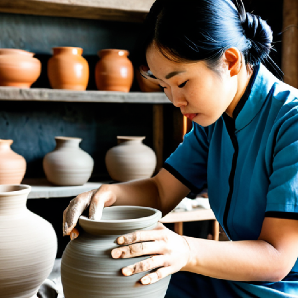 A skilled Vietnamese female ceramic artisan, fully clothed in modest traditional work attire, intently shaping a clay vase on a traditional pottery wheel. She is in a rustic, well-lit pottery workshop in a traditional Vietnamese village. Traditional tools and unfired pottery are visible on shelves in the soft, natural light. Perfect anatomy, correct proportions, natural pose, well-formed hands, proper finger count, natural body proportions, professional photography, high detail, sharp focus, natural colors. Safe for work, appropriate content, family-friendly, professional dress.