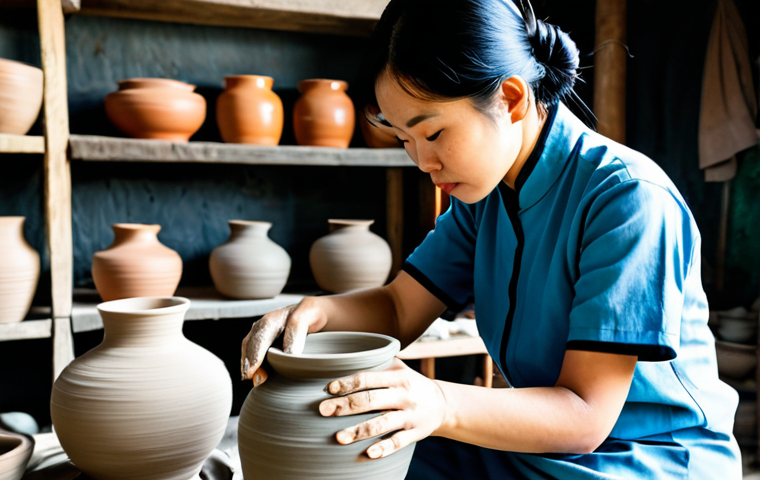 A skilled Vietnamese female ceramic artisan, fully clothed in modest traditional work attire, intently shaping a clay vase on a traditional pottery wheel. She is in a rustic, well-lit pottery workshop in a traditional Vietnamese village. Traditional tools and unfired pottery are visible on shelves in the soft, natural light. Perfect anatomy, correct proportions, natural pose, well-formed hands, proper finger count, natural body proportions, professional photography, high detail, sharp focus, natural colors. Safe for work, appropriate content, family-friendly, professional dress.