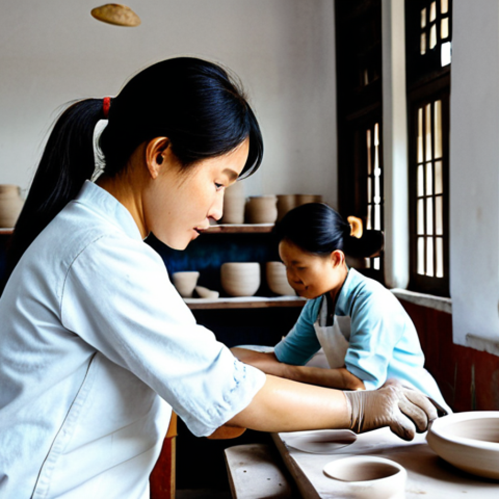 Safe Pottery Studio Scene**

"A bright, airy pottery workshop in Hanoi, Vietnam, filled with natural light. Artisans, fully clothed in modest workshop attire, are working at ergonomic pottery wheels, shaping clay. Shelves display finished ceramic pieces. Focus on proper ventilation and dust control measures. Safe for work, appropriate content, family-friendly, professional photography, perfect anatomy, natural proportions, well-formed hands, proper finger count."

**