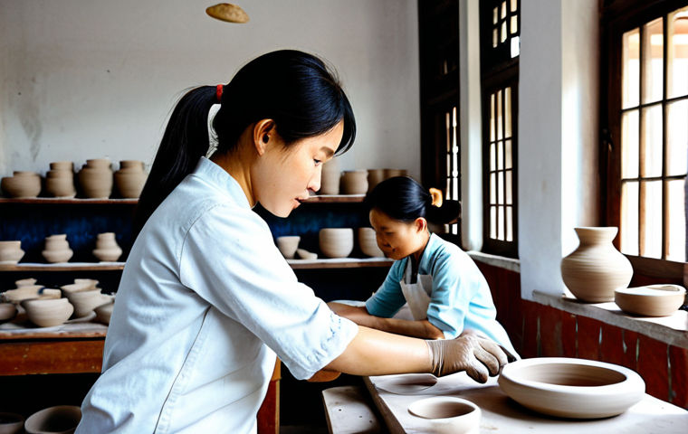 Safe Pottery Studio Scene**

"A bright, airy pottery workshop in Hanoi, Vietnam, filled with natural light. Artisans, fully clothed in modest workshop attire, are working at ergonomic pottery wheels, shaping clay. Shelves display finished ceramic pieces. Focus on proper ventilation and dust control measures. Safe for work, appropriate content, family-friendly, professional photography, perfect anatomy, natural proportions, well-formed hands, proper finger count."

**