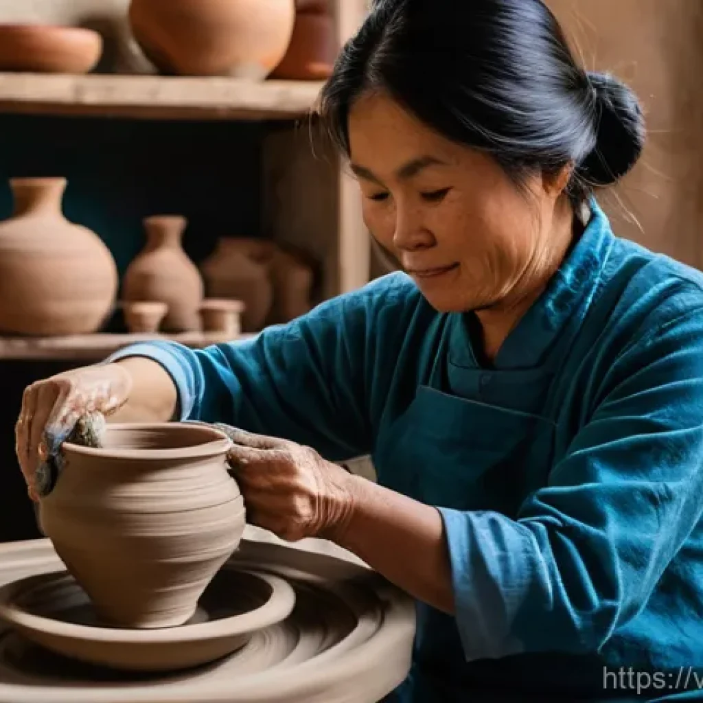 세라믹 산업 현황과 전망 - **"A Vietnamese ceramic artisan, a woman in her 50s, is meticulously hand-shaping a delicate clay va...