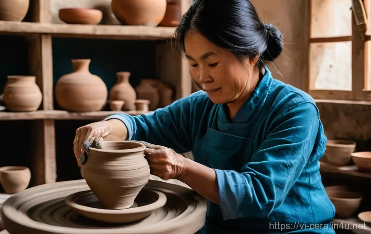 세라믹 산업 현황과 전망 - **"A Vietnamese ceramic artisan, a woman in her 50s, is meticulously hand-shaping a delicate clay va...
