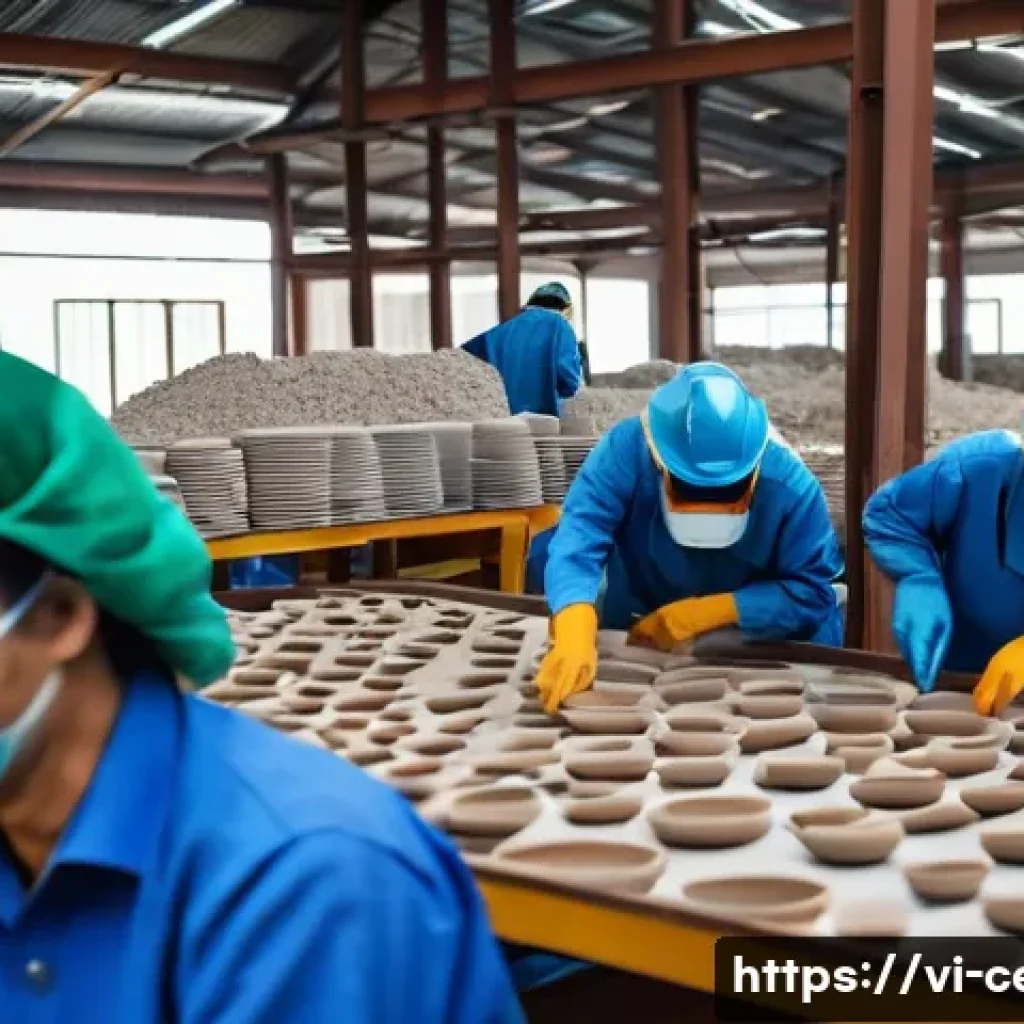 세라믹 프로젝트 관리 - A detailed ceramic production workshop in Vietnam showcasing workers carefully selecting and inspect...