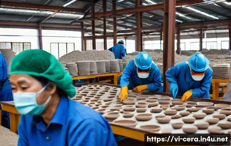 세라믹 프로젝트 관리 - A detailed ceramic production workshop in Vietnam showcasing workers carefully selecting and inspect...