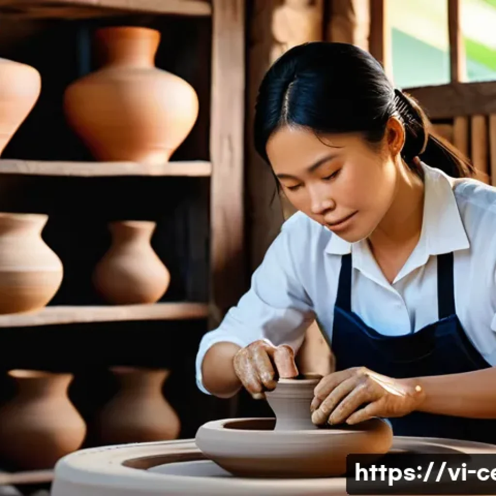 미술세라믹 분야 취업 정보 - A skilled Vietnamese ceramic artisan in a traditional workshop, carefully shaping clay on a spinning...