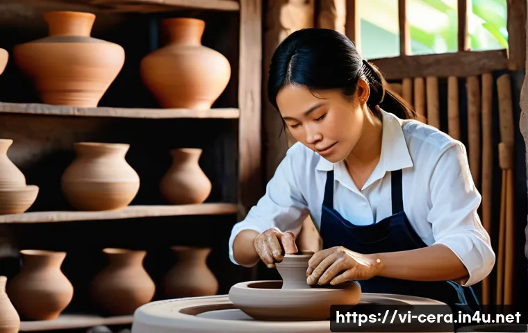 미술세라믹 분야 취업 정보 - A skilled Vietnamese ceramic artisan in a traditional workshop, carefully shaping clay on a spinning...