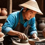미술세라믹 전문 커뮤니티 - A Vietnamese artisan carefully handbuilding traditional ceramic pottery at a rustic workshop, surrou...