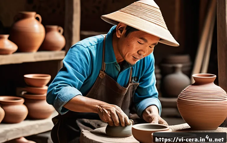 미술세라믹 전문 커뮤니티 - A Vietnamese artisan carefully handbuilding traditional ceramic pottery at a rustic workshop, surrou...