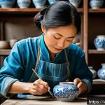 미술세라믹 자격증 혜택 - A skilled Vietnamese ceramic artist in a bright traditional workshop, carefully hand-painting intric...