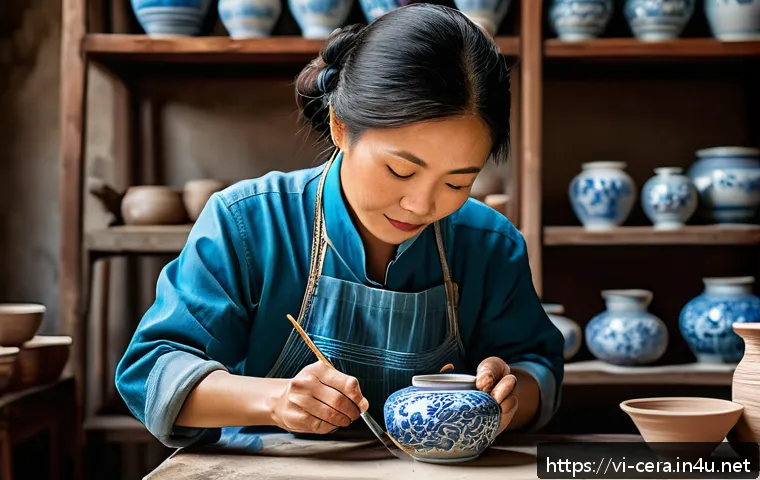 미술세라믹 자격증 혜택 - A skilled Vietnamese ceramic artist in a bright traditional workshop, carefully hand-painting intric...