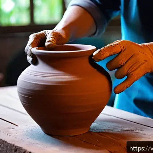 세라믹 디자인 기법 실습 - A skilled artisan shaping a traditional Vietnamese clay vase by hand, with visible textures and mult...