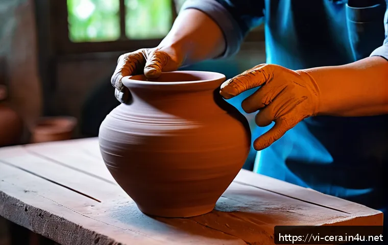세라믹 디자인 기법 실습 - A skilled artisan shaping a traditional Vietnamese clay vase by hand, with visible textures and mult...