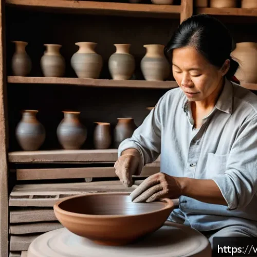미술세라믹 직무 분석 - A skilled Vietnamese ceramic artisan working attentively at a pottery wheel inside a traditional wor...