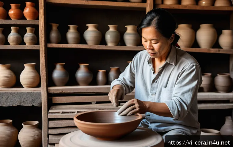 미술세라믹 직무 분석 - A skilled Vietnamese ceramic artisan working attentively at a pottery wheel inside a traditional wor...