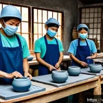 세라믹 이직 준비 전략 - A modern Vietnamese ceramic workshop scene showcasing skilled artisans wearing protective clothing a...