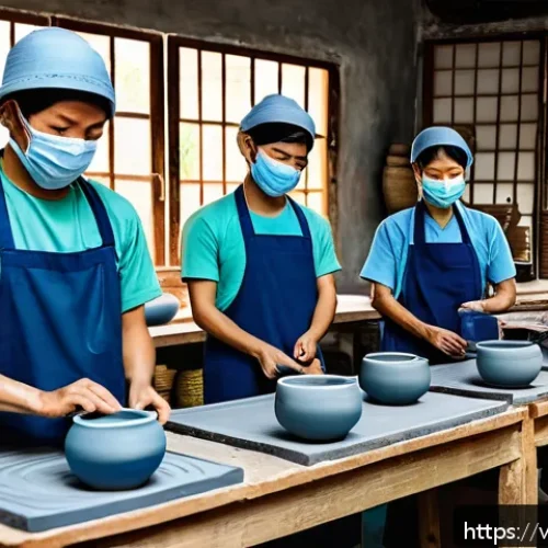 세라믹 이직 준비 전략 - A modern Vietnamese ceramic workshop scene showcasing skilled artisans wearing protective clothing a...