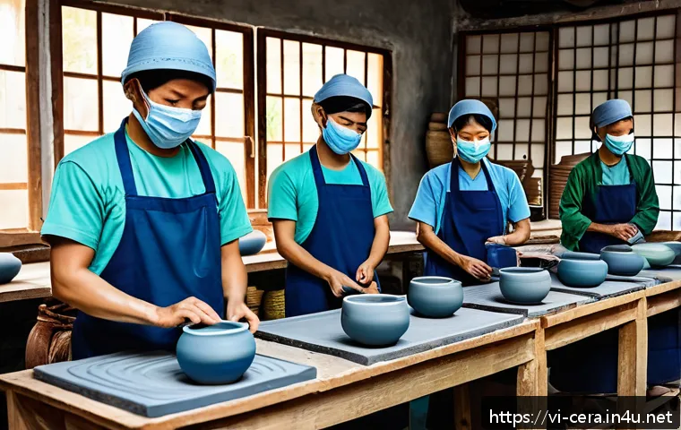 세라믹 이직 준비 전략 - A modern Vietnamese ceramic workshop scene showcasing skilled artisans wearing protective clothing a...