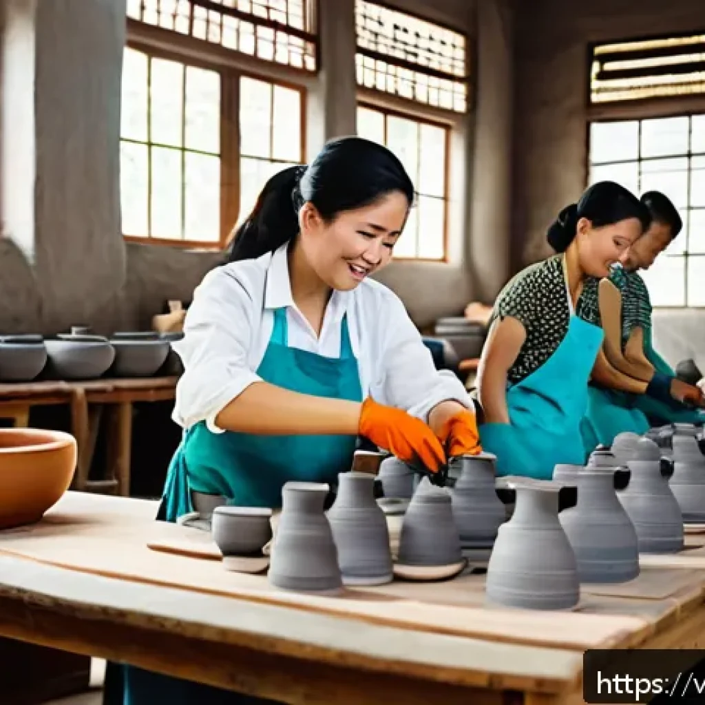 미술세라믹 직장 내 갈등 해결법 - A vibrant pottery workshop scene in Vietnam, showing diverse artisans working together harmoniously;...