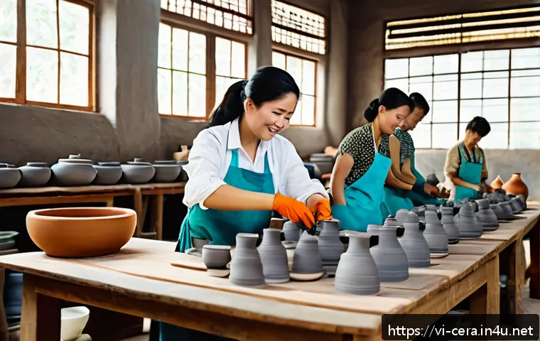 미술세라믹 직장 내 갈등 해결법 - A vibrant pottery workshop scene in Vietnam, showing diverse artisans working together harmoniously;...