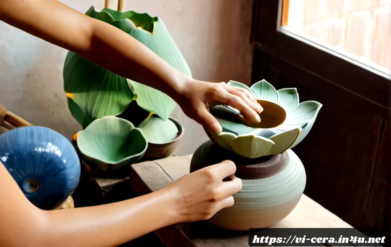 Home 17 미술세라믹 창작 아이디어 - Photorealistic ceramic artist’s workspace in Vietnam, a pair of hands shaping a lotus-inspired clay ...