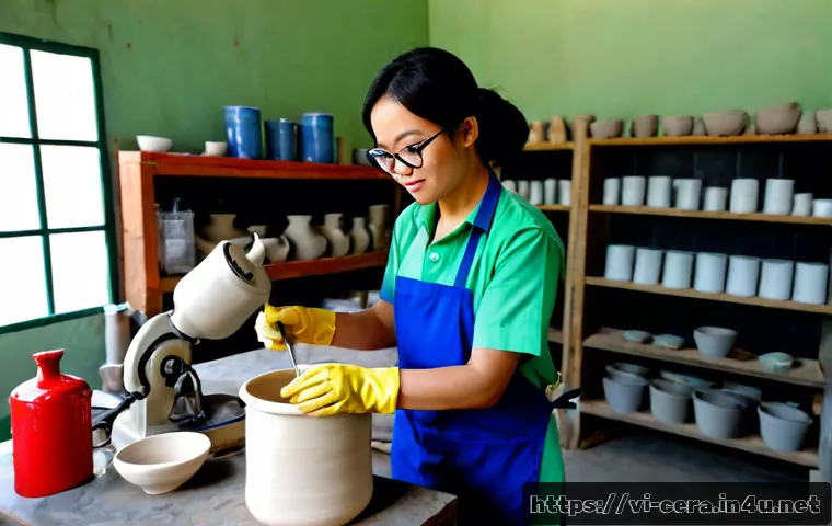 세라믹 분야 자격취득 방법 - Photorealistic vocational ceramic certification training in Vietnam, a focused adult trainee wearing...